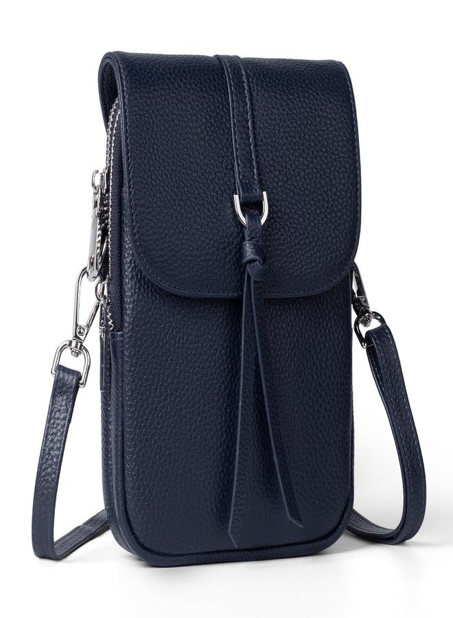 befen Real Leather Blue Cell Phone Crossbody Bags for Women, RFID Protected Leather Shoulder Bag Small Crossbody Handbags, Anti Theft Cross Body Phone Purses for Work Travel, Navy Blue - Image 1